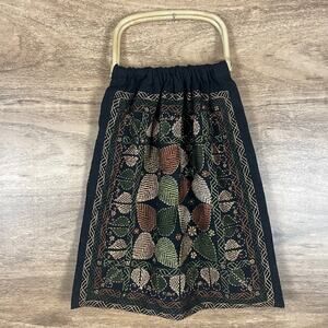 Aarong Bangladesh Embroidered Leaf Bag Black Wooden Bamboo Handles Tote